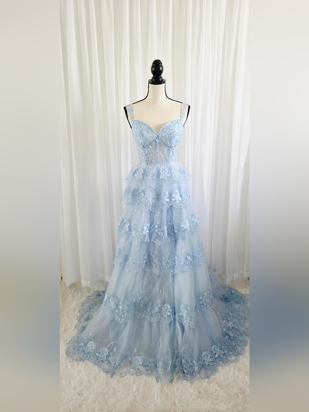 Light Blue Lace Tiered Tulle Gown